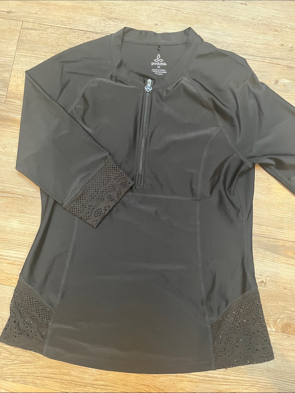 Prana Black Long-Sleeve Zip Athletic Top with Laser-Cut Accents
